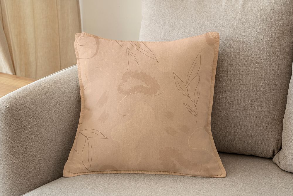 Pillow cushion cover mockup psd in floral pattern interior design