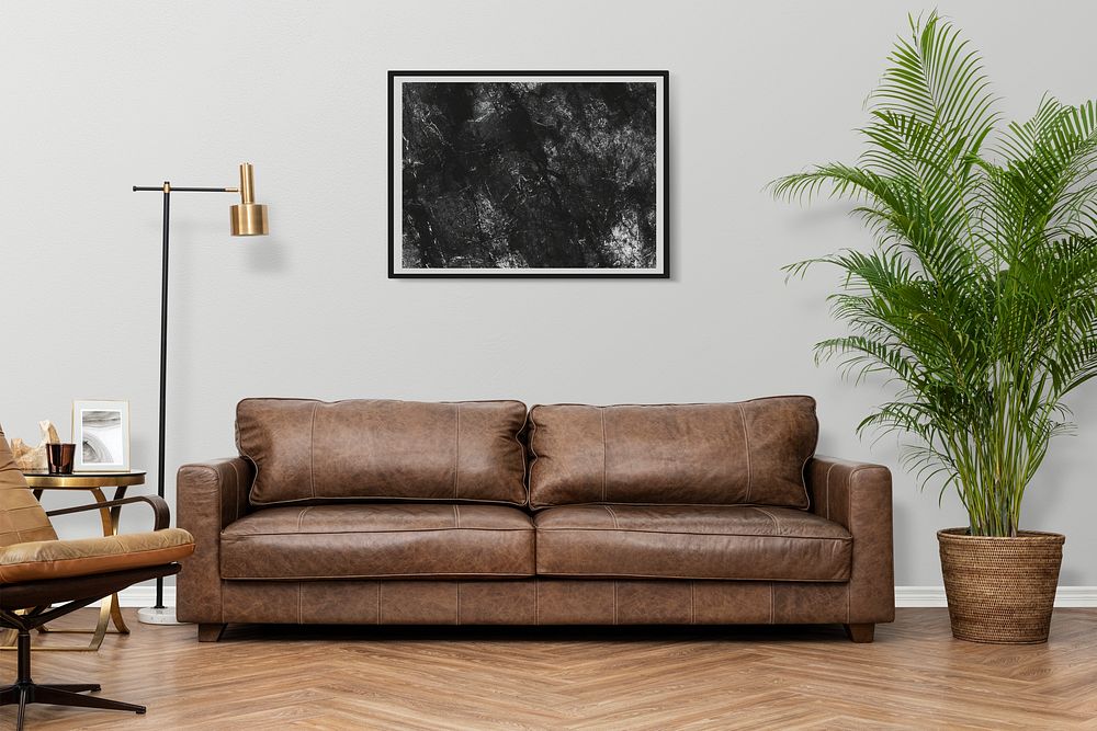 Picture frame mockup psd in a living room in luxury industrial style
