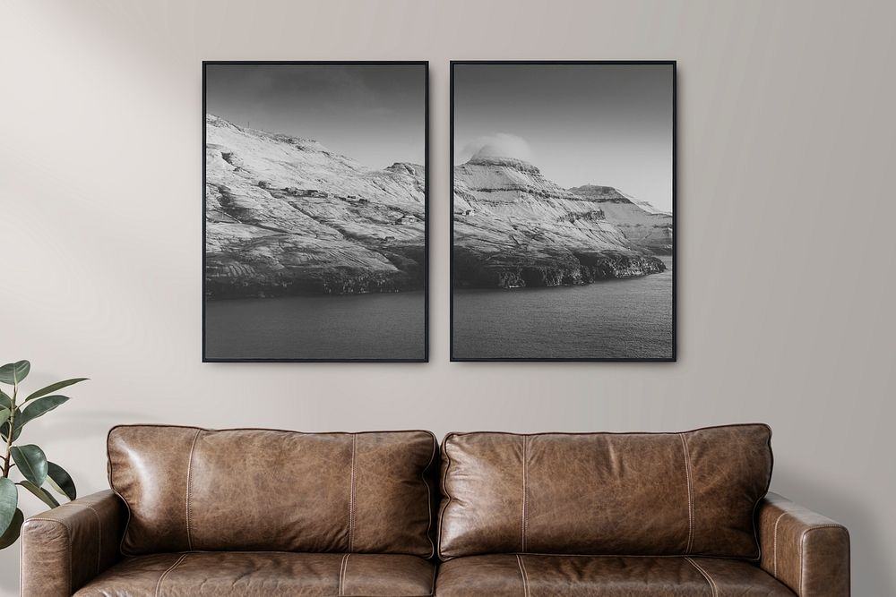 Picture frames mockup psd in a living room in luxury industrial style