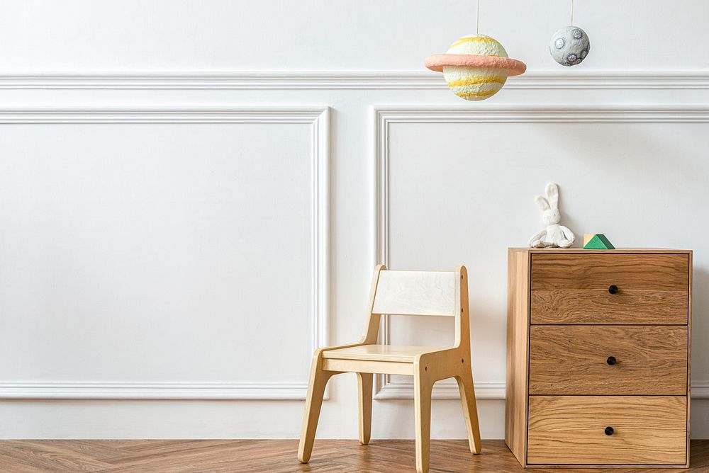 Scandinavian kids play room with wooden furniture 