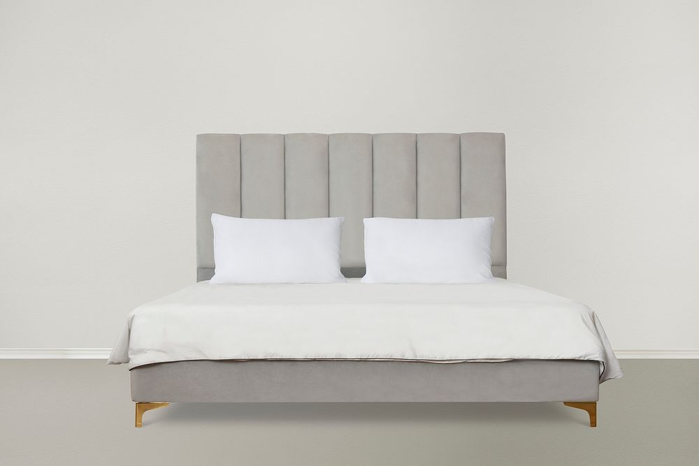 Modern gray bed psd mockup with padded headboard