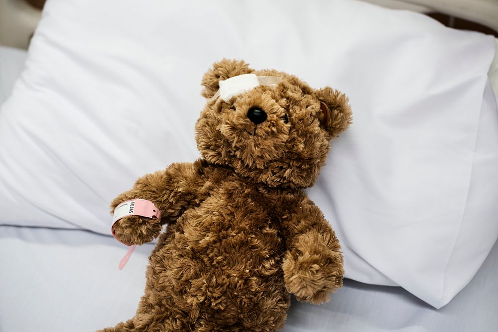 An injured teddy bear at the hospital