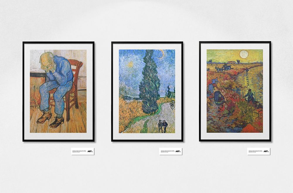 Art exhibition frame mockups. Van Gogh&rsquo;s famous paintings psd, remixed from public domain artwork