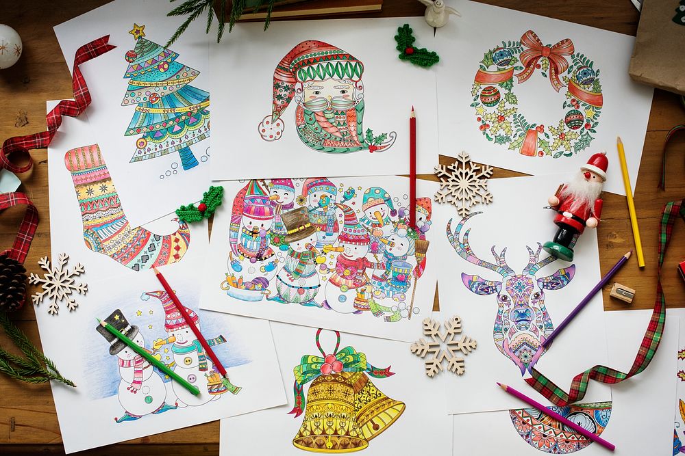 Drawings of different Christmas symbols and characters