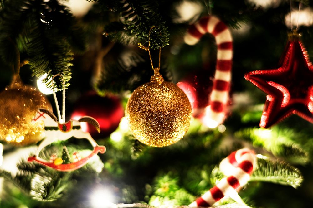 Closeup of Christmas tree ornaments