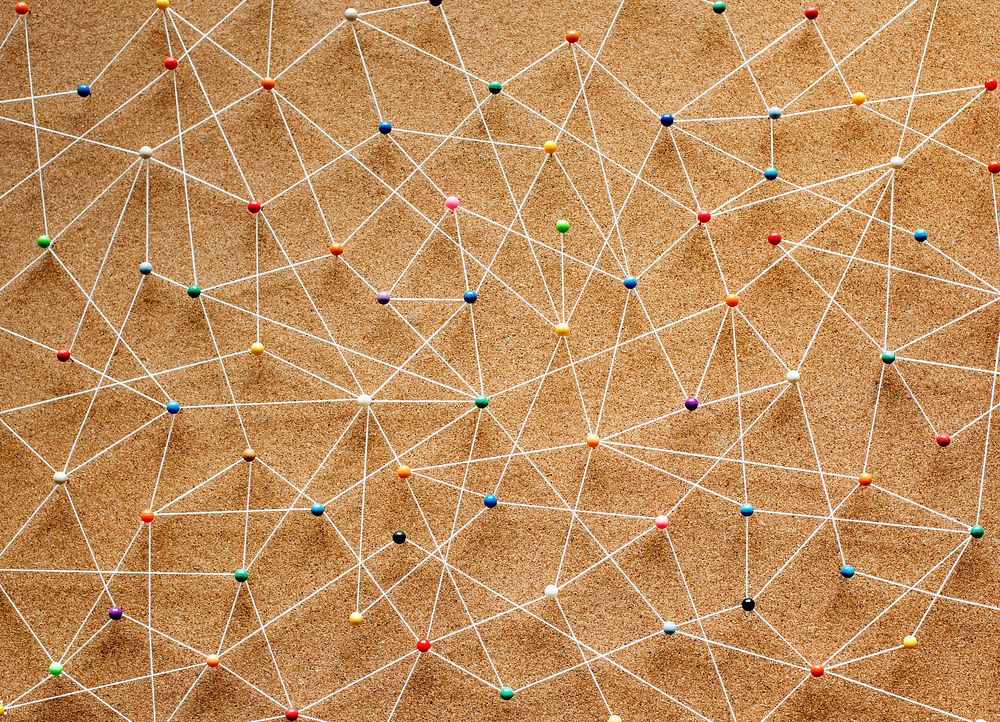 Push pins connected linear network  background