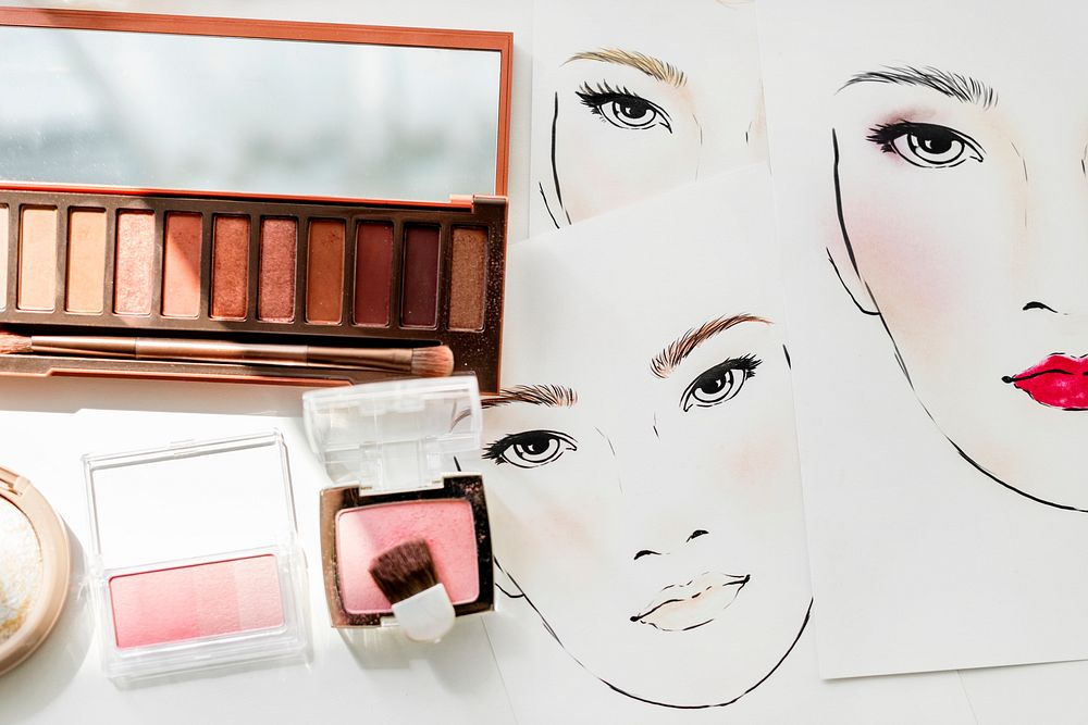 Closeup of blushers and eyeshadow on face charts