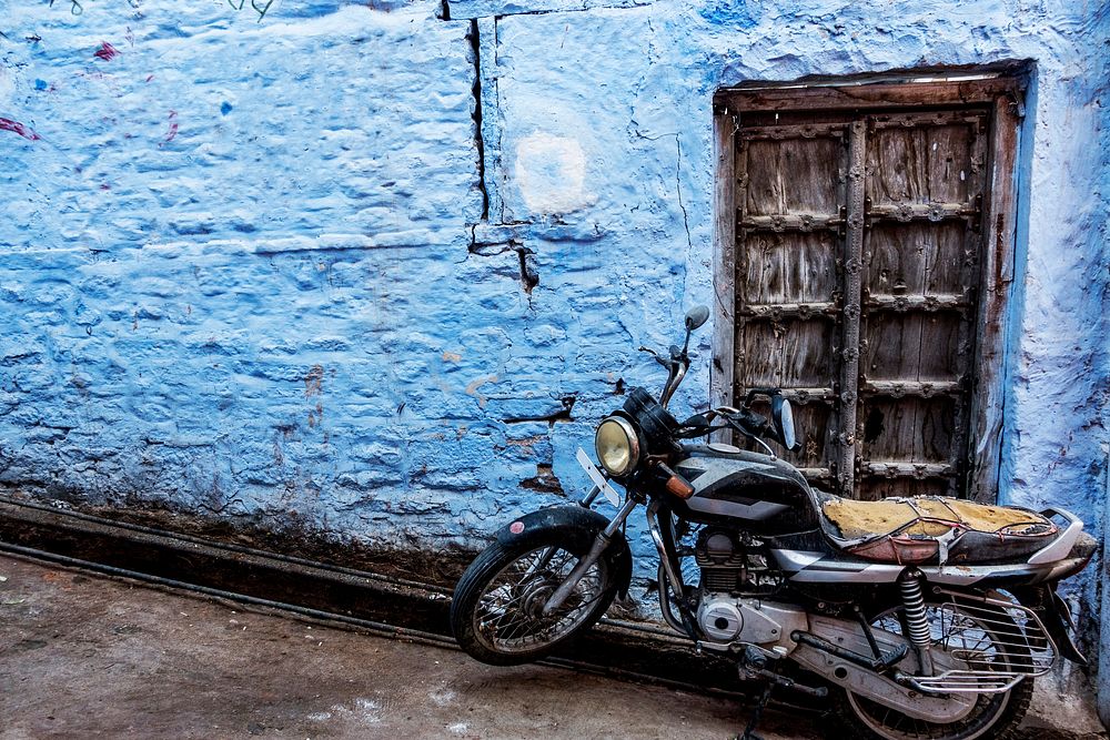 Retro motorbike in blue city, Jodhpur India