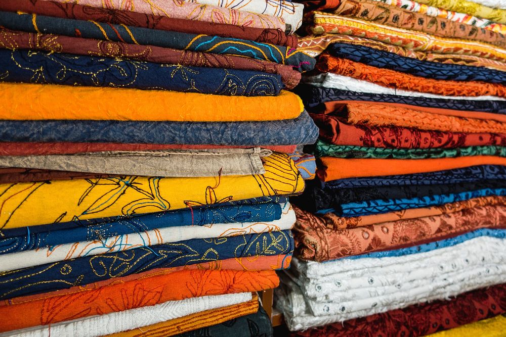 Closeuo of colorful textile on fabric shop