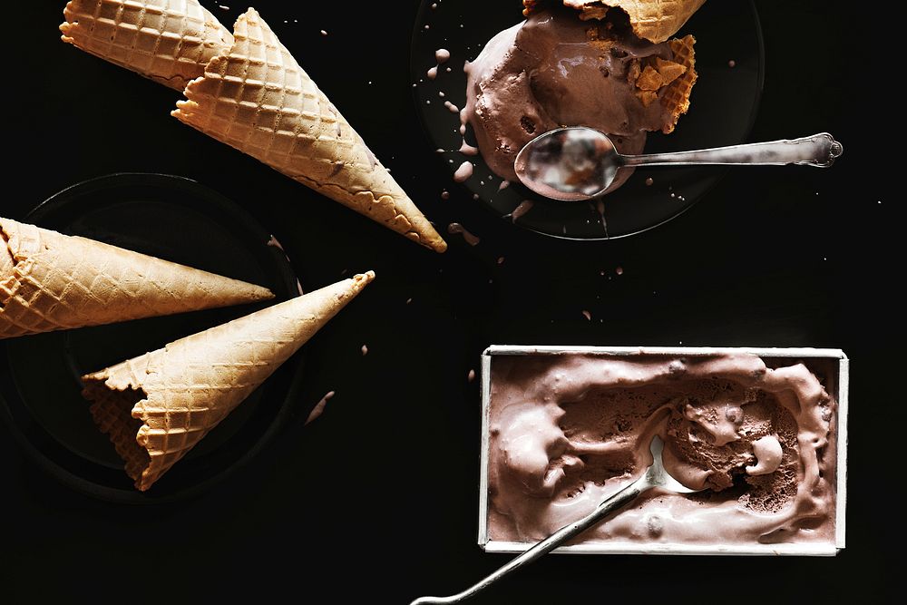 Dark chocolate ice cream and cones