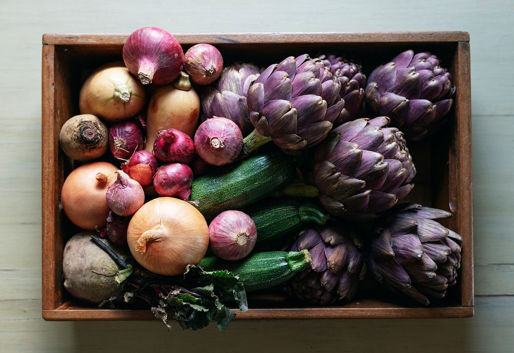 Colorful vegetables in a wooden tray