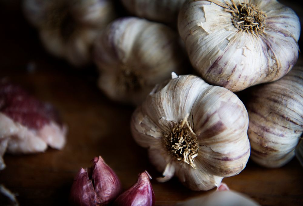 Closeup of garlic and red onions