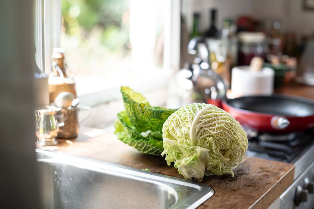 Freshly washed cabbage on a kitchen counter