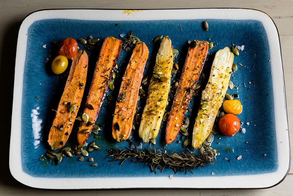 Roasted carrots and turnips on a tray