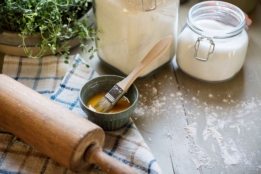 Baking ingredients on a wooden table