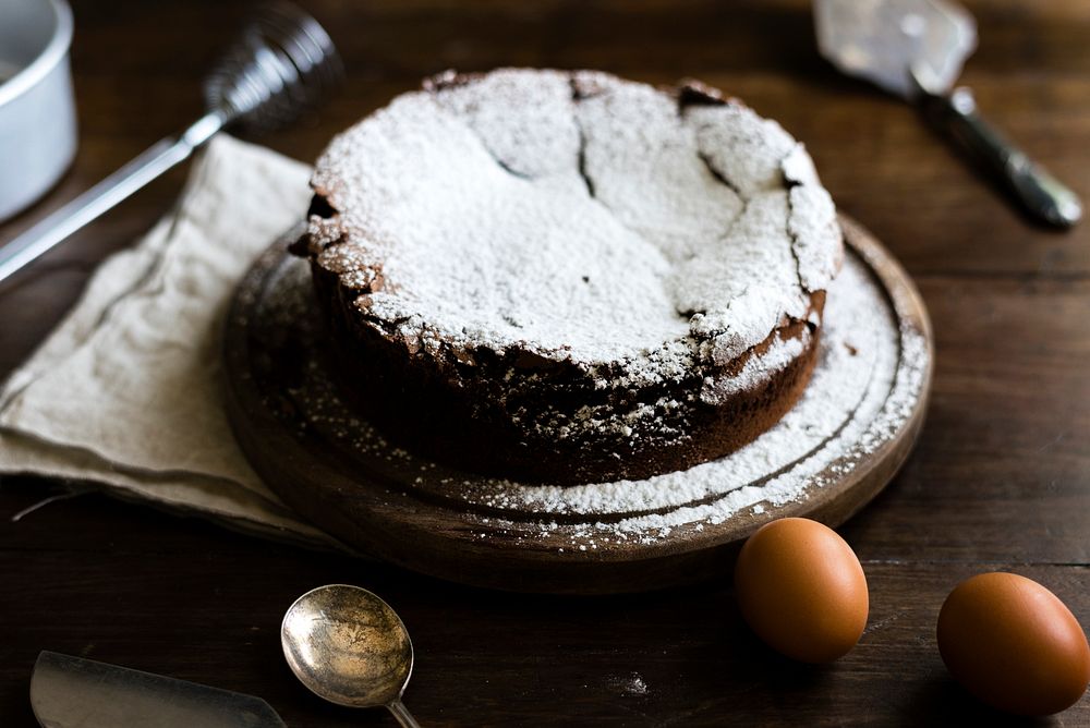 Chocolate fudge cake with icing sugar photography recipe idea