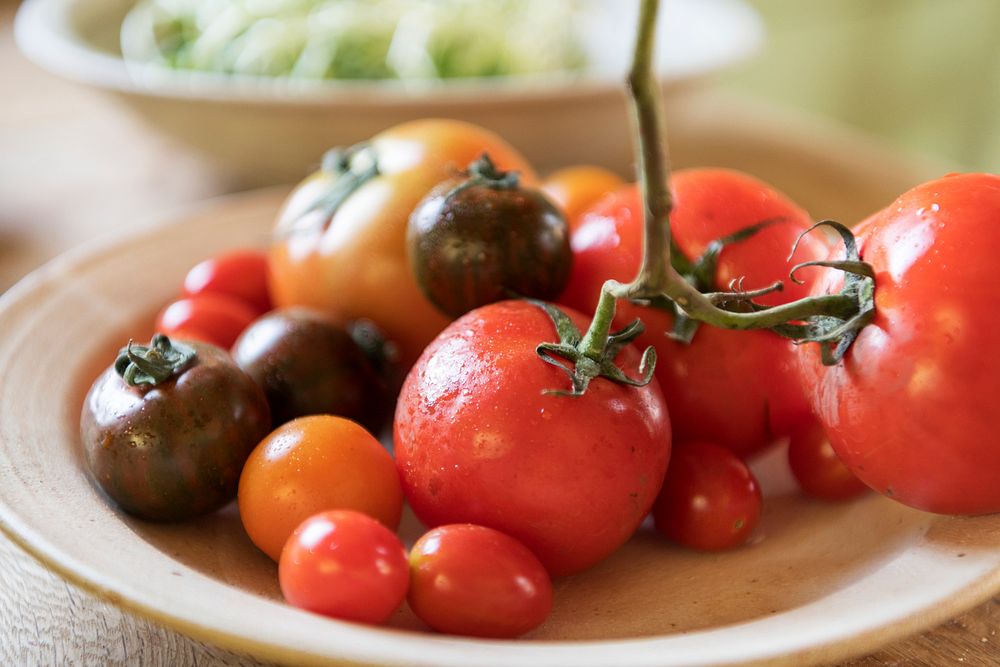Fresh organic tomatoes on a plate