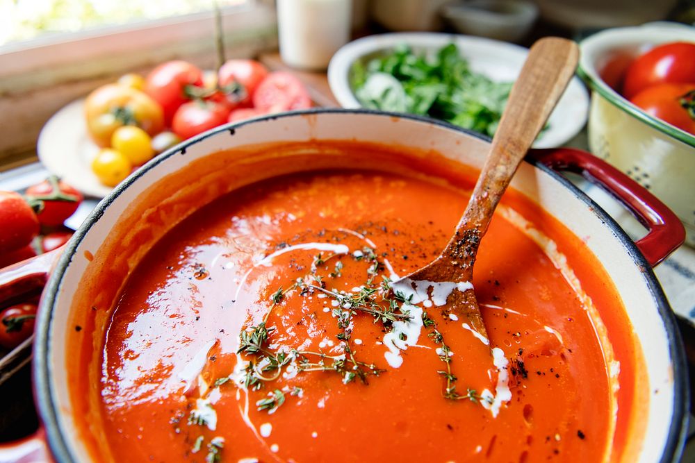 Homemade tomato soup in a pot