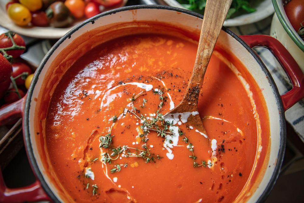 Homemade tomato soup in a kitchen