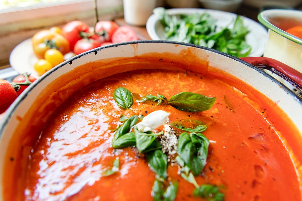 Homemade tomato soup in a pot