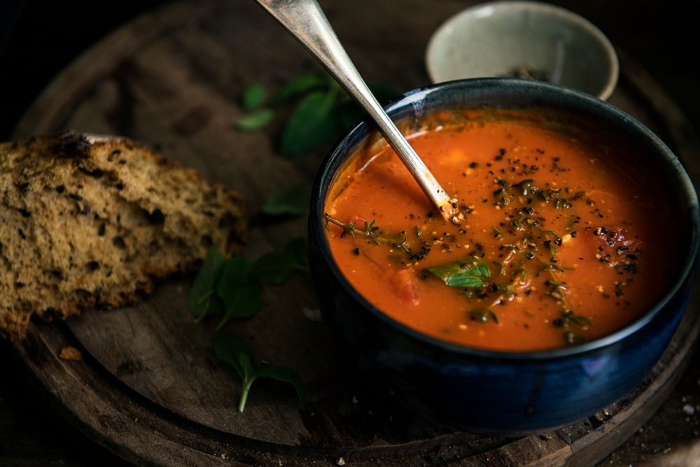 Homemade tomato soup in a kitchen