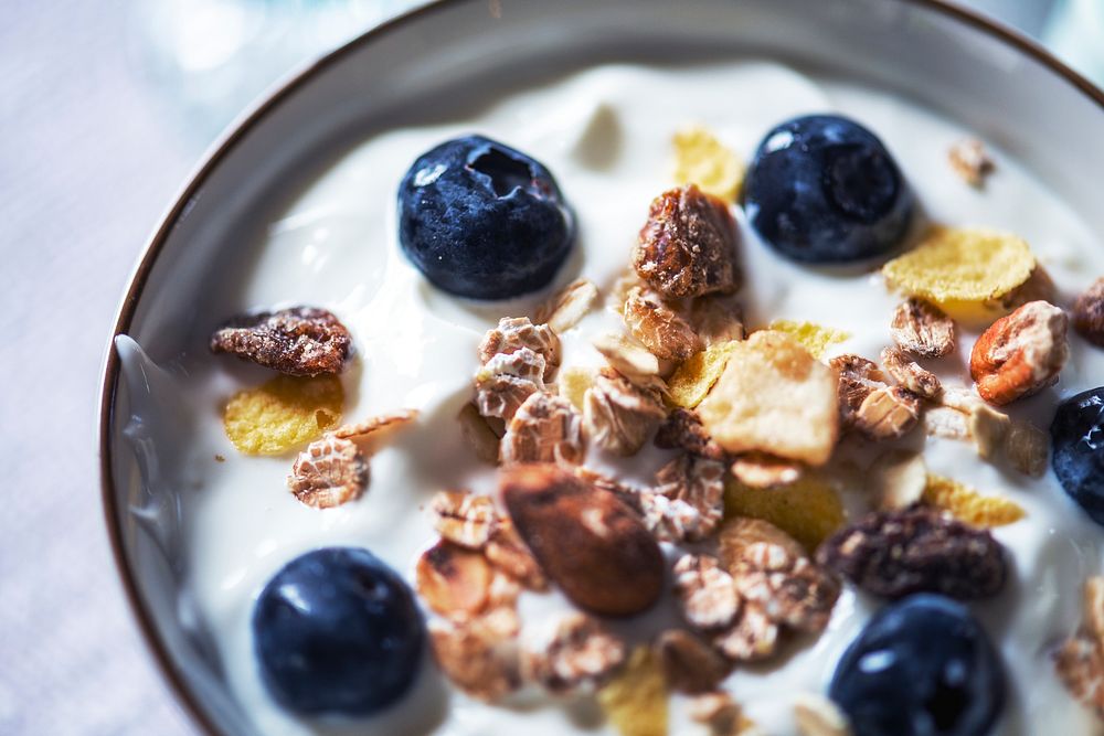 Bowl of yogurt with bluberries and granola