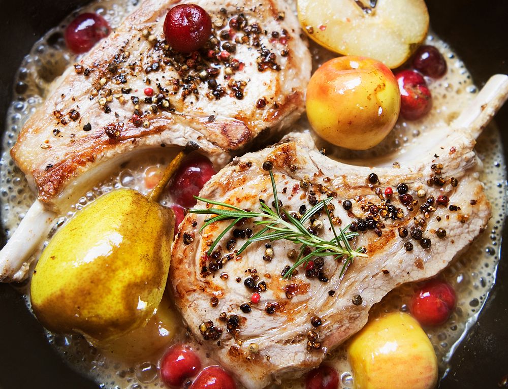 Pork chop cooked with apples food photography recipe idea