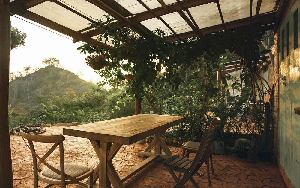 Outdoor dining area of a house in Kanchanburi