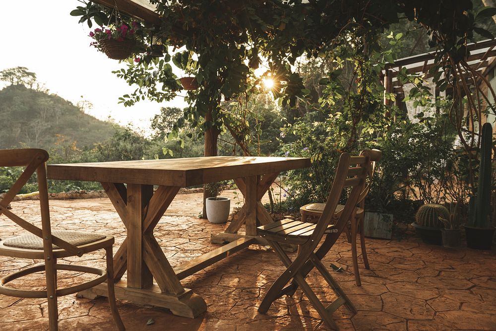 Outdoor dining area of a house in Kanchanburi