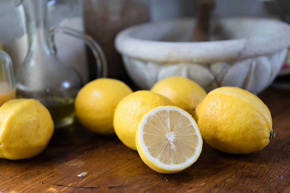 Fresh yellow lemons on a table