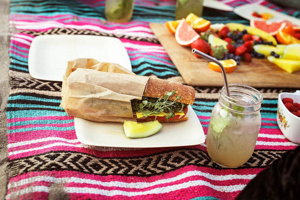 Homemade vegan sandwiches at a beach picnic