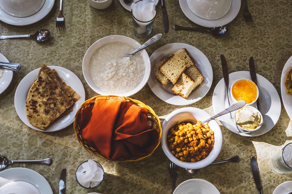 Traditional Pakistani breakfast set on a table