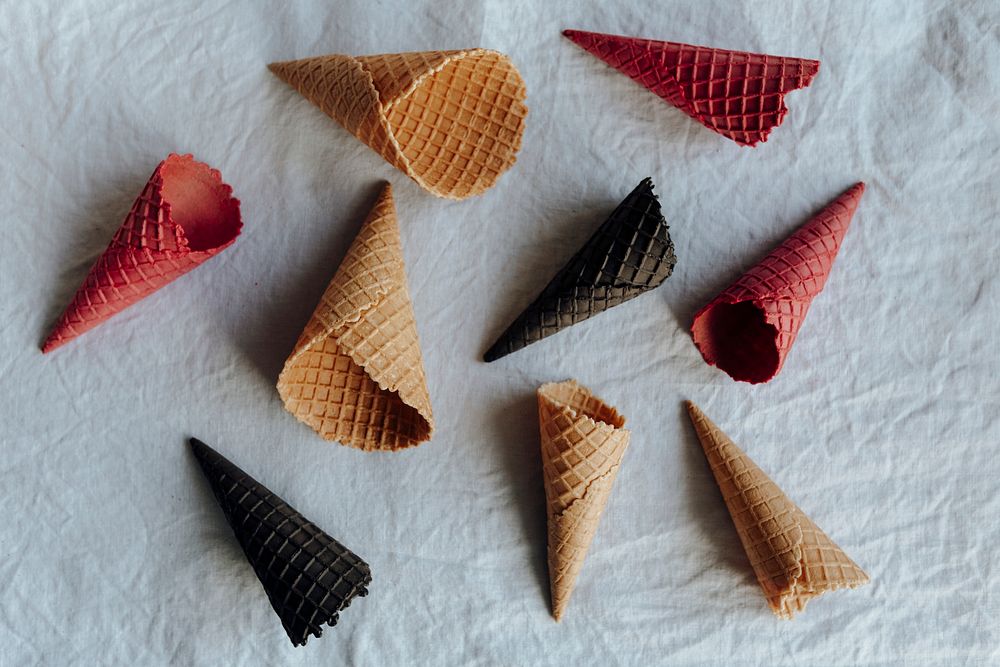 Aerial view of various waffle cones