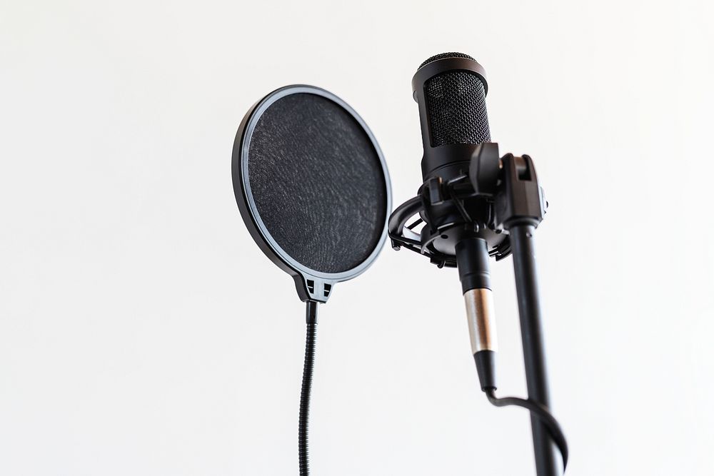 Professional condenser microphone with a pop filter in a studio