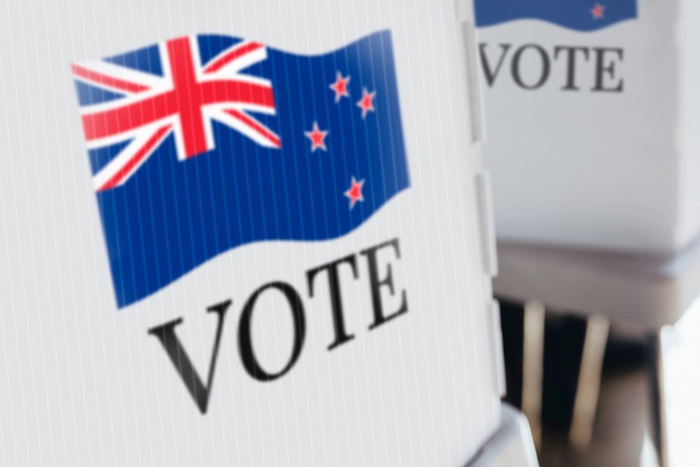 New Zealand flag printed on a polling booth