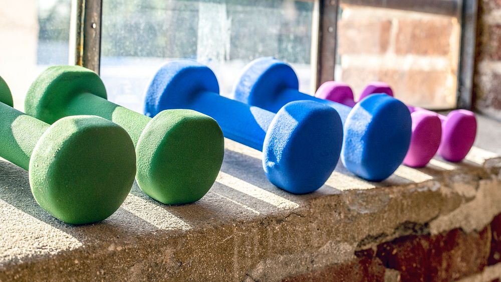 Set of colorful barbells by the window