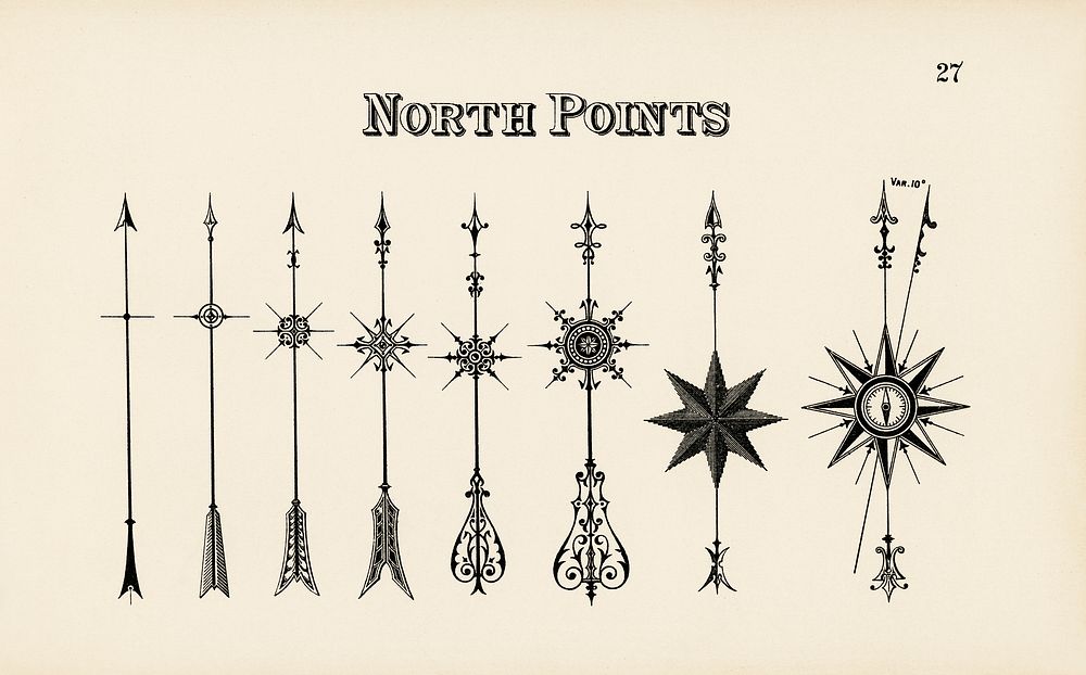 Designs of arrows pointing north from Draughtsman's Alphabets by Hermann Esser (1845&ndash;1908). Digitally enhanced from…