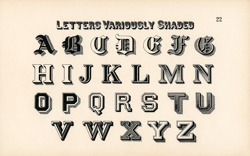 Different types of shadings on fonts from Draughtsman's Alphabets by Hermann Esser (1845&ndash;1908). Digitally enhanced…