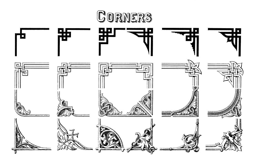 Ornamental corner designs from Draughtsman's Alphabets by Hermann Esser (1845&ndash;1908). Digitally enhanced from our own…