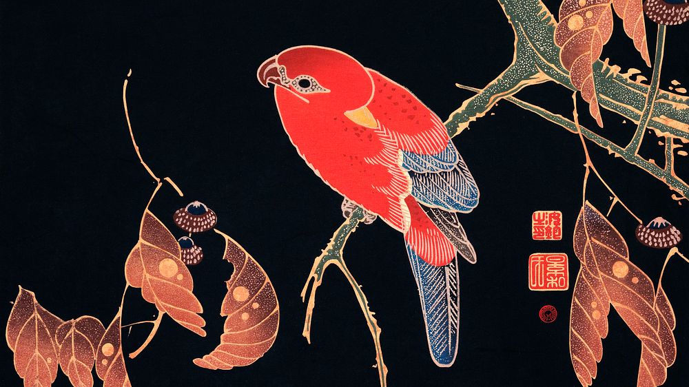 Vintage desktop wallpaper, background painting, Red Parrot on the Branch of a Tree, remix from the artwork of Ito Jakuchu