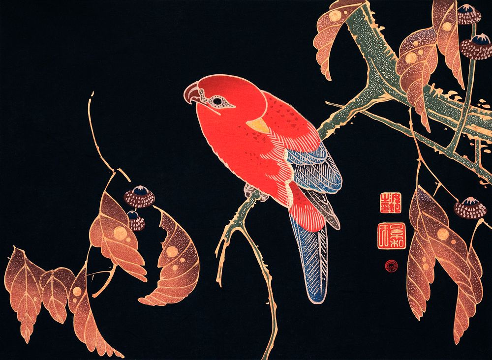 Red Parrot on the Branch of a Tree (ca. 1900) by Ito Jakuchu. Original from The MET Museum. Digitally enhanced by rawpixel.