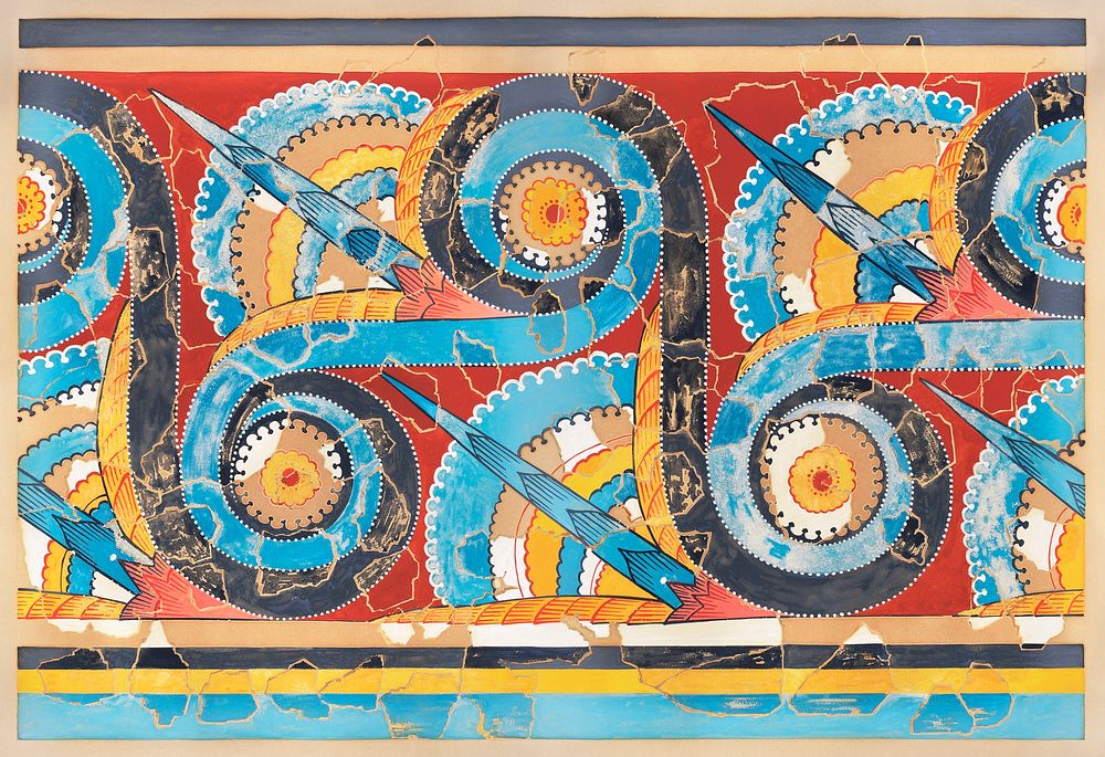 Reproduction of the "Great S&ndash;spiral frieze" fresco ca. 1400&ndash;1200 B.C. by Emile Gilli&eacute;ron. Original from…