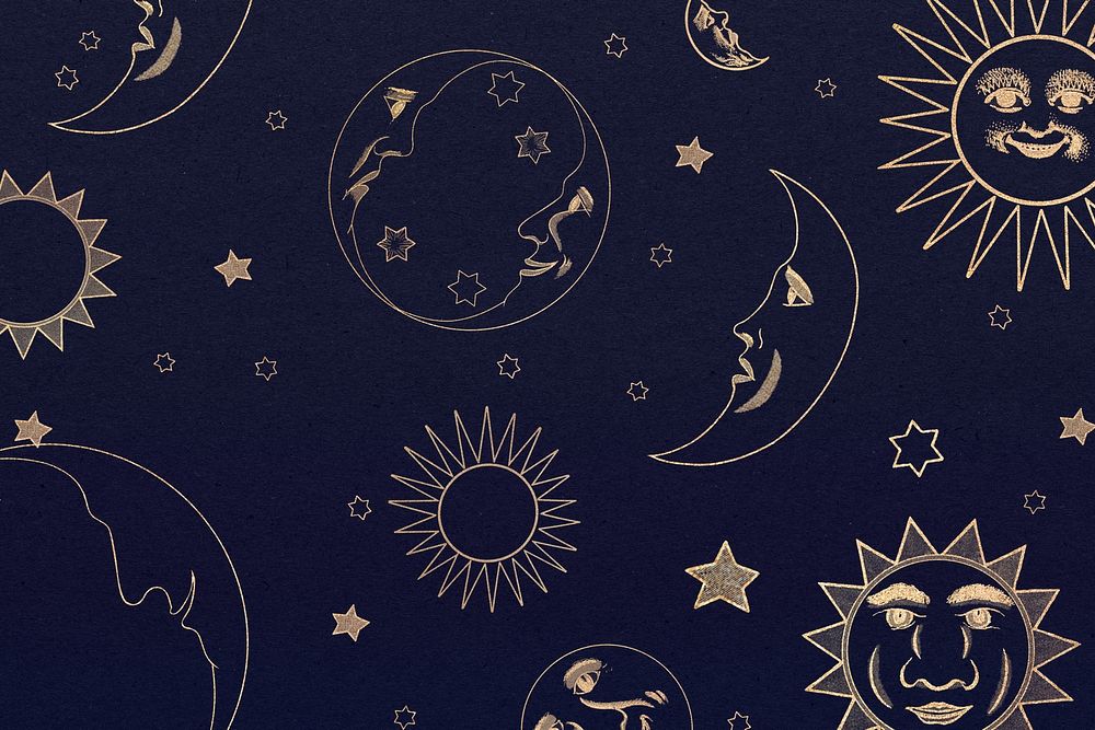 Gold celestial sun, moon and stars pattern on black background design element