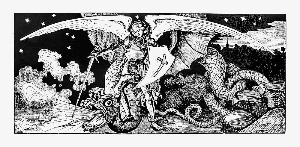 Archangel fighting the monster illustration vector
