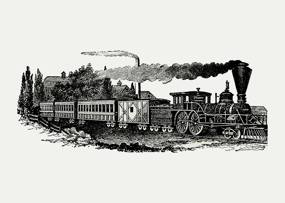 Vintage European style steam train engraving