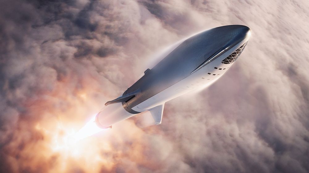 Artist Illustration of BFR in flight (2018). Original from Official SpaceX Photos. Digitally enhanced by rawpixel.