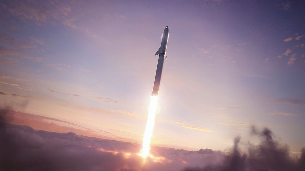 BFR in flight (2018). Original from Official SpaceX Photos. Digitally enhanced by rawpixel.