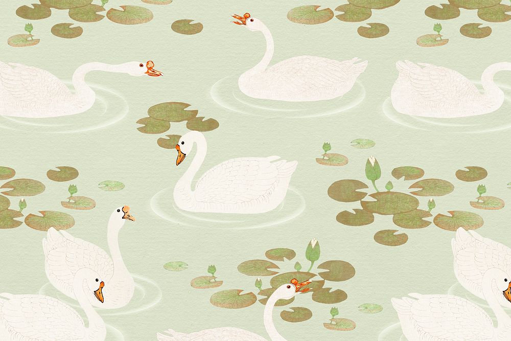 Swimming white geese in a lake pattern on a green background illustration