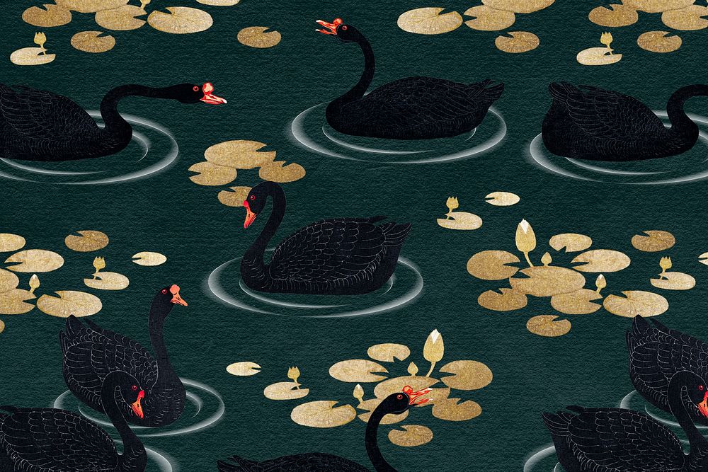 Swimming black geese with gold lotus pattern on a dark green background illustration