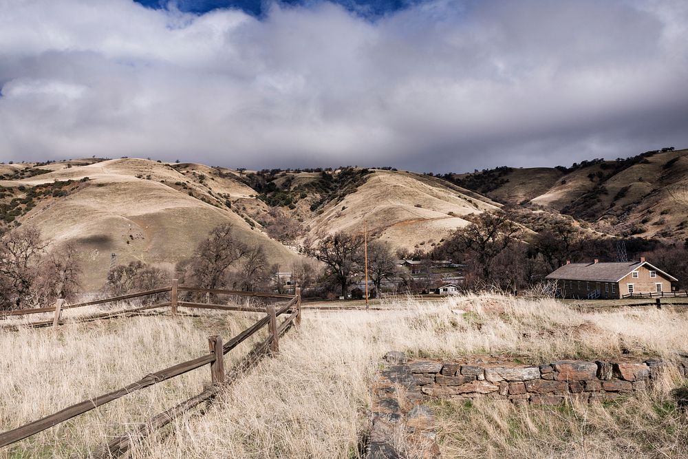 Scene, including a barracks building, from California's Fort Tejon State Park in Grapevine Canyon on the main route between…